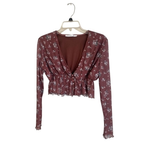 Altar’d State brown Floral Long Sleeve V-neck crop Top size Large NWOT - Picture 1 of 9